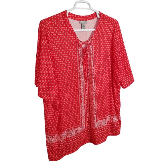 Catherines Tops - Catherines Size 3X 26/28W Blouse Pullover Stretch Paisley Lace Up Tunic Red